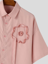 Men's K-Pop Streetwear 3D Floral Applique Ribbon Detailed Short Sleeve Shirt SKUL76570