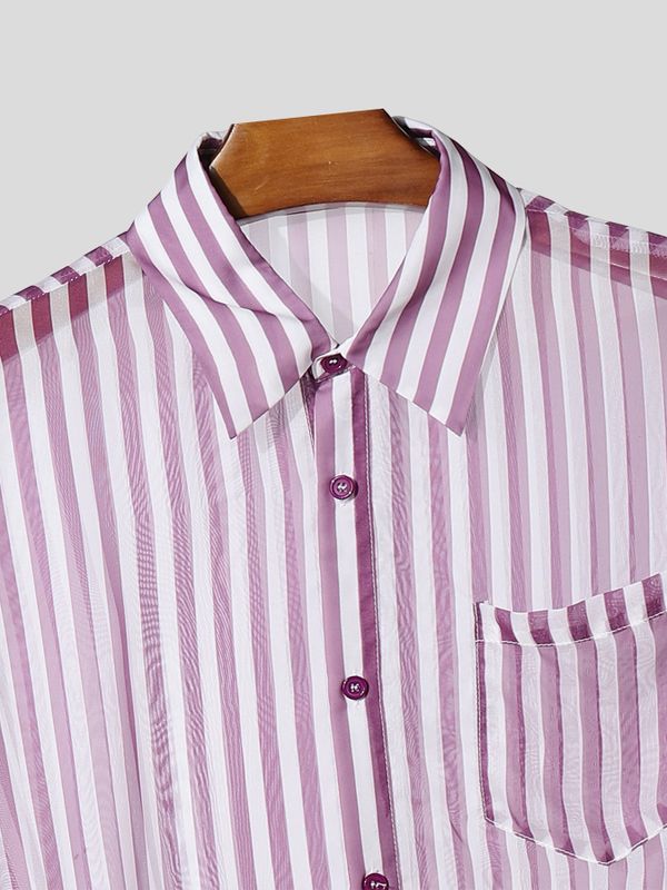 Men's Elastic Drawstring Striped Cropped Short Sleeve Shirt SKUL54659