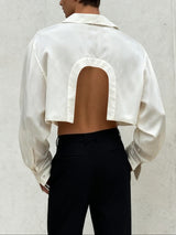 Men's Back Cutout Satin Cropped Long Sleeve Shirt SKUL47871