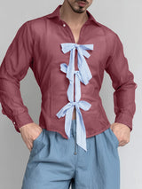 Men's Striped Lace-Up Patchwork Sheer Chiffon Long Sleeve Shirt SKUL23734