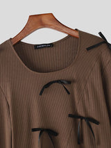 Men's Small Bow Patchwork Design Knit Textured Long Sleeve T-shirt SKUL43733