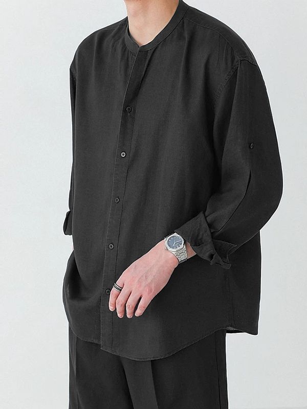 Men's Clean Casual Resort Mandarin Collar Long Sleeve Shirt SKUL79525