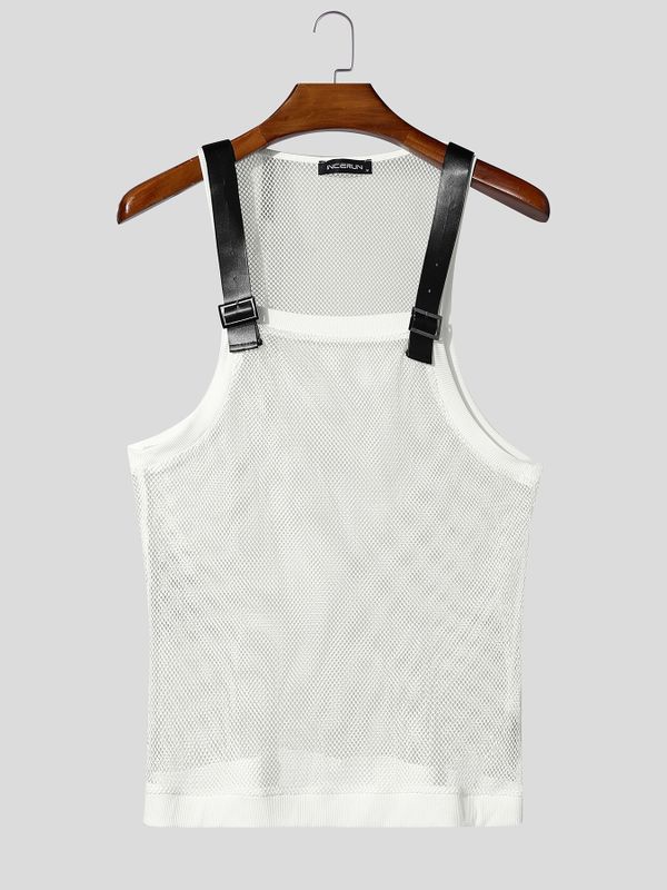 Men's Techwear Avant-Garde Adjustable Leather Buckle Strap Sheer Fishnet Mesh Tank SKUL63147