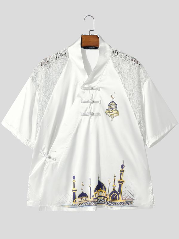 Men's New Chinese Style Lace Patchwork Mosque Graphic Frog Button Cardigan SKUL61201