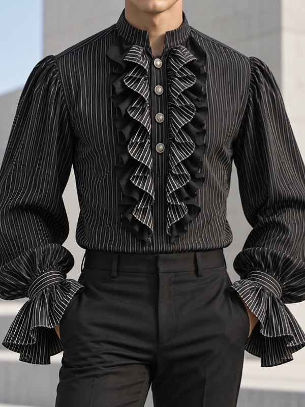 [Pre-order] Men's Vintage Dandy Stage Runway Ruffle Jabot Front Puffed Lantern Sleeve Striped Shirt SKUL89231