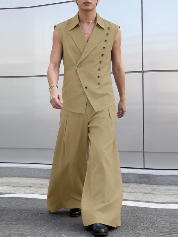 Men's Solid Color Metal Button Patchwork Two Pieces Outfit SKUL56688