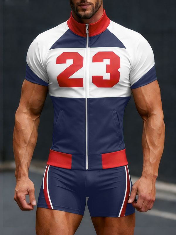 Men's Number Print Color Block Zip Two Pieces Outfit SKUL50007