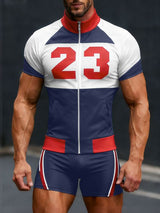 Men's Number Print Color Block Zip Two Pieces Outfit SKUL50007