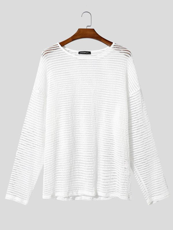 Men's Sexy Party Horizontal Stripe Open Knit See-Through Loose Long Sleeve T-shirt SKUL81855