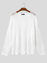 Men's Sexy Party Horizontal Stripe Open Knit See-Through Loose Long Sleeve T-shirt SKUL81855