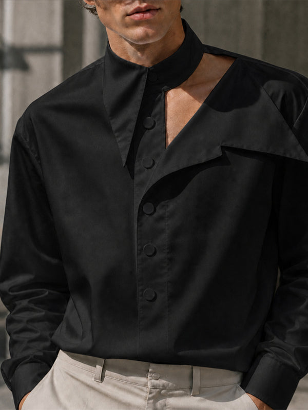 Men's Early Autumn Urban Casual Deconstructed Cutout Pullover Long Sleeve Cutout Collar Shirt SKUL80472