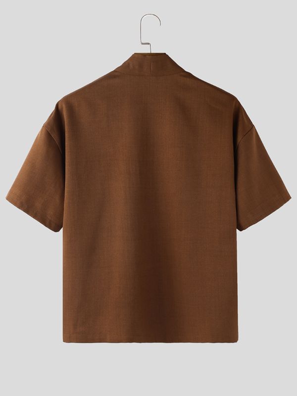 Men's Solid Color V-Neck Short Sleeve Shirt SKUL55448