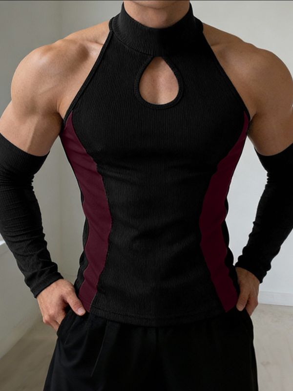 Men's Cut-Out Contrast Color Long Sleeve T-shirt SKUL53185