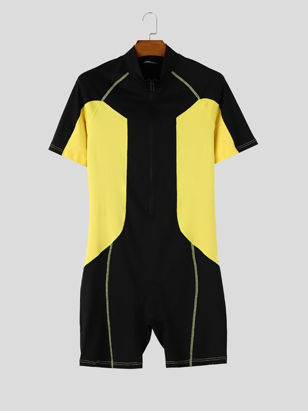 Men's Techwear Athletic Aesthetic Geometric Color-Block Convenient Front Half-Zip Bodysuit SKUL63138