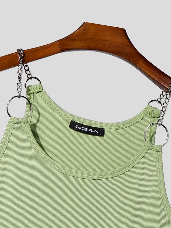 Men's Sexy Clubwear Metal Chain O-Ring Strap Ribbed Bodycon Sleeveless Scoop Neck Tank SKUL73612