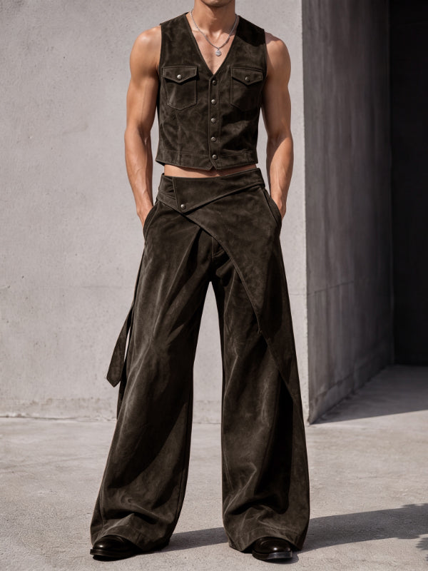Men's Avant-Garde Faux Suede Cropped Two Pieces Outfit SKUL78315