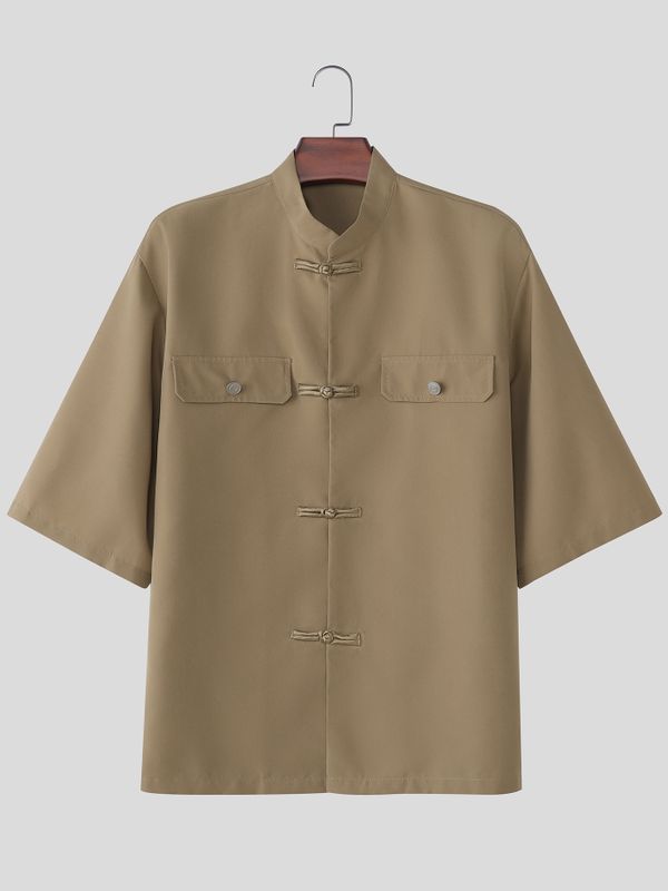 Men's Neo-Traditional Zen Utility Frog-Button Boxy Shirt SKUL79948