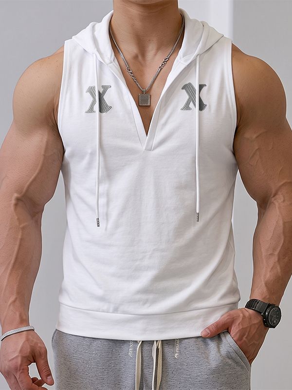 Men's Athletic Gym Deep Split V-Neck Drawstring Hood Muscle Cut Sleeveless Hooded Collar Tank SKUL80622