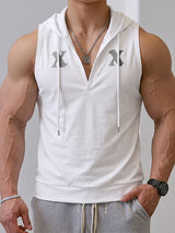 Men's Athletic Gym Deep Split V-Neck Drawstring Hood Muscle Cut Sleeveless Hooded Collar Tank SKUL80622