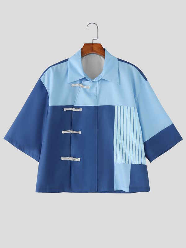 Men's Modern Chinese Turn-Down Collar Frog Button Color-Block Cropped Short Sleeve Shirt SKUL62114