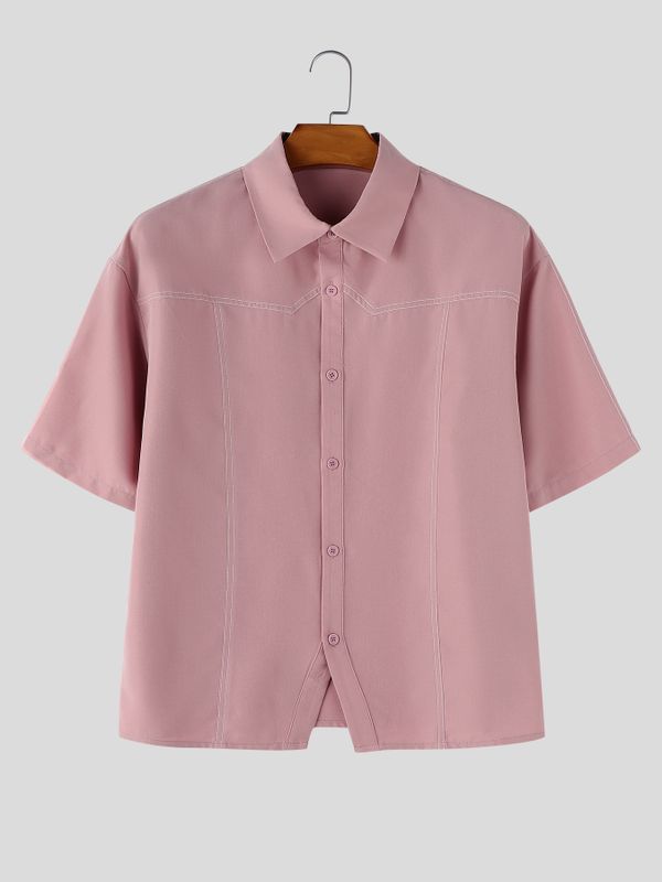 Men's American Vintage Streetwear Contrast Stitching Short Sleeve Shirt SKUL73755