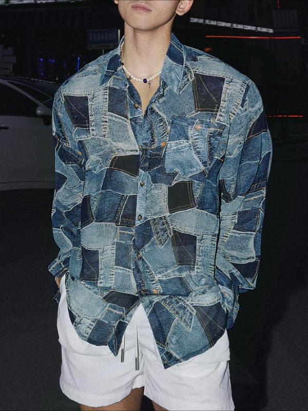 Men's Color Block Print Long Sleeve Shirt SKUL30311