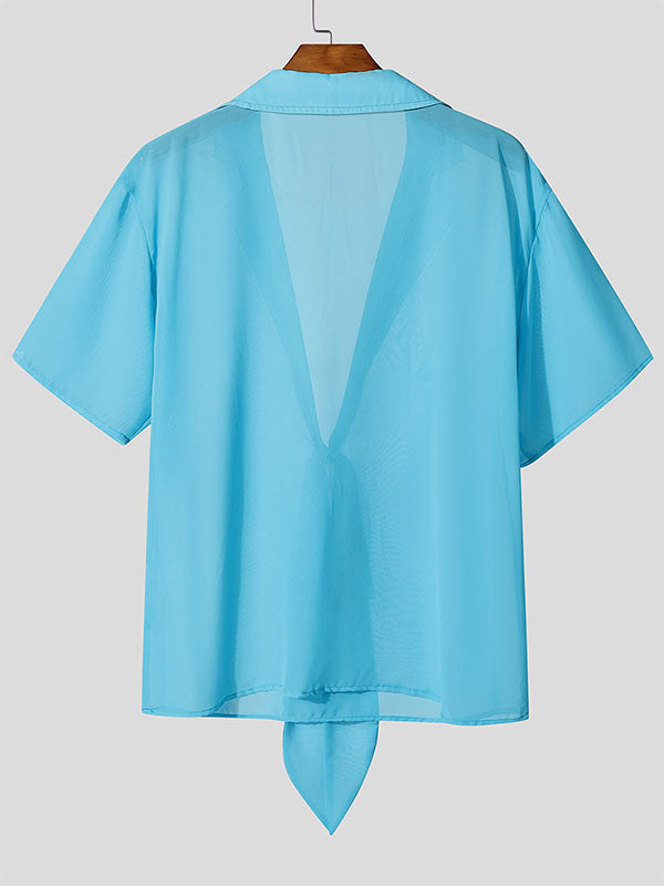 Mens Sheer Mesh Tie-Front Short Sleeve Shirt SKUL10914