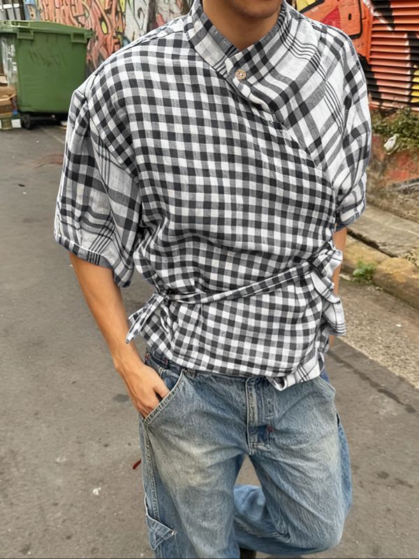 Men's Plaid Waist-Fitted Short Sleeve Shirt SKUL46080