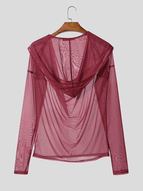 Men's Sheer Mesh Draped Neck Hooded Long Sleeve T-shirt SKUL54056