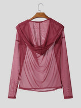 Men's Sheer Mesh Draped Neck Hooded Long Sleeve T-shirt SKUL54056