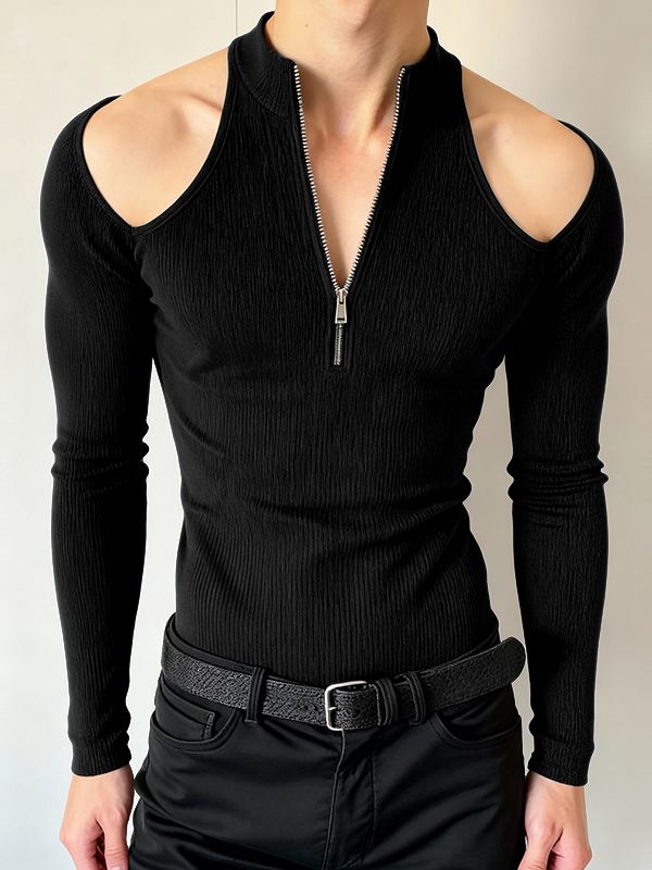 Men's Cut-Out Shoulder Textured Half-Zip Long Sleeve T-shirt SKUL47904