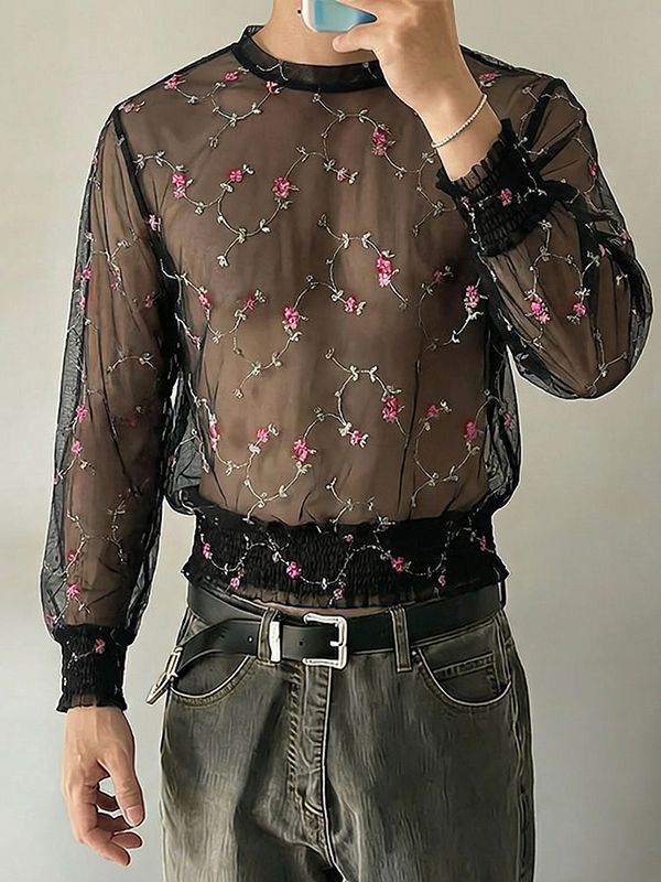 Men's Avant-Garde Sheer Floral Embroidered Mesh Shirt SKUL59802