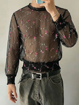 Men's Avant-Garde Sheer Floral Embroidered Mesh Shirt SKUL59802
