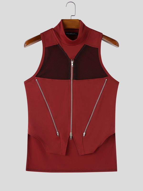 Men's High Street Fashion Mesh Patchwork Multi Zipper Mock Neck High Street Tank SKUL63645