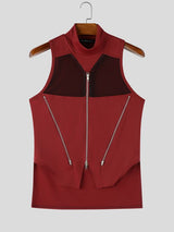 Men's High Street Fashion Mesh Patchwork Multi Zipper Mock Neck High Street Tank SKUL63645