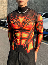 Men's Futuristic Sheer Mesh Thermal Muscle Print Mock Neck Long Sleeve Shirt SKUL64229
