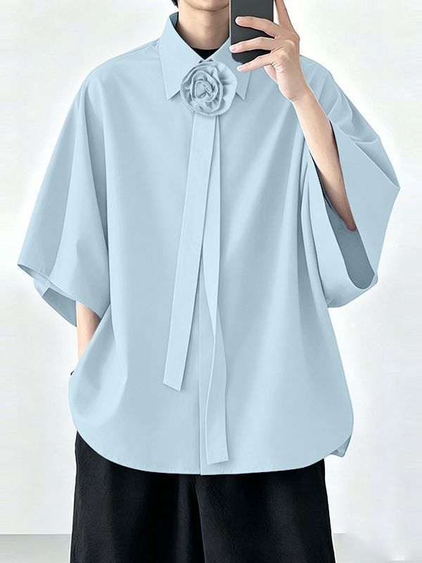 Men's Avant-Garde 3D Fabric Flower Rosette Collar Dropped Shoulder Wide Sleeve Shirt SKUL69619