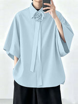 Men's Avant-Garde 3D Fabric Flower Rosette Collar Dropped Shoulder Wide Sleeve Shirt SKUL69619