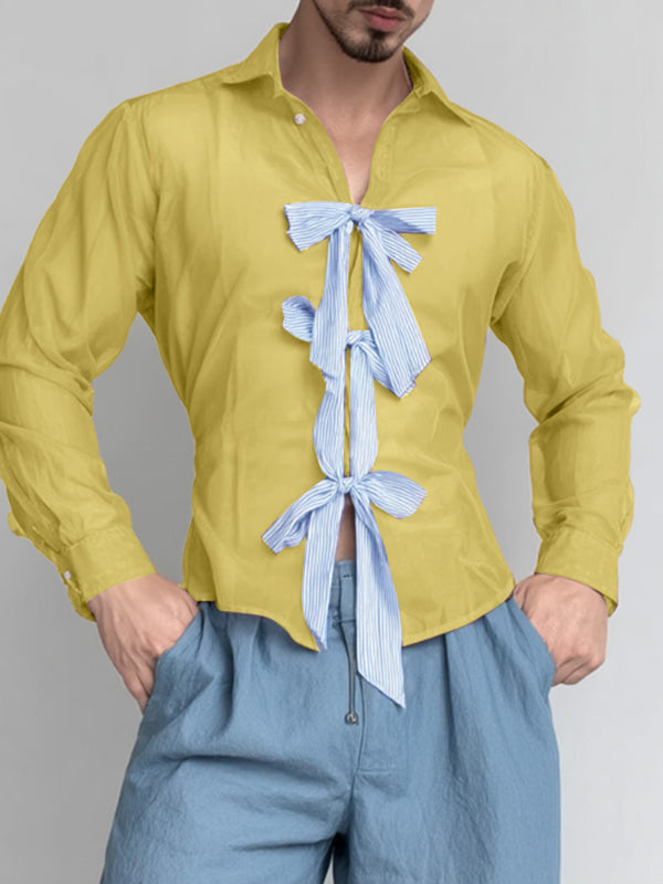 Men's Striped Lace-Up Patchwork Sheer Chiffon Long Sleeve Shirt SKUL23734