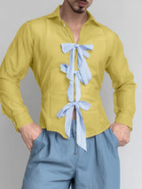 Men's Striped Lace-Up Patchwork Sheer Chiffon Long Sleeve Shirt SKUL23734