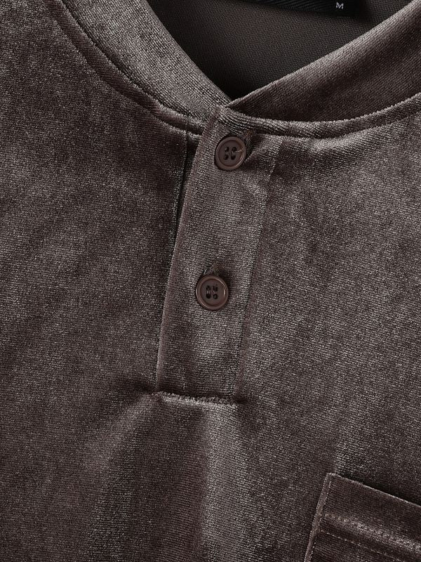 Men's Quiet Luxury Early Autumn Shimmering Velvet Henley Neck Cargo Pocket Two Pieces Outfit SKUL81067