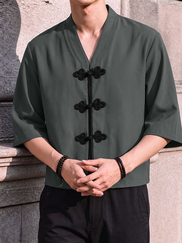 Men's Neo-Chinese Chic Tea Gathering Contrast Frog Button V-Neck Cropped Shirt SKUL86017