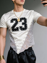 Men's Number Print Lace Sheer Patchwork Short Sleeve T-Shirt SKUL22234