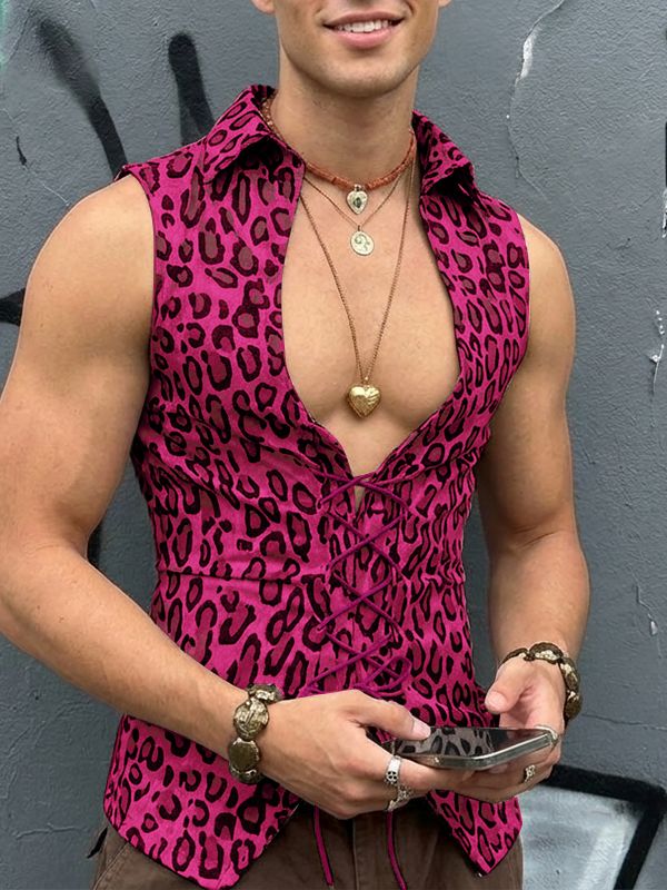 Men's Drawstring Design Leopard Print Waistcoat SKUL54595