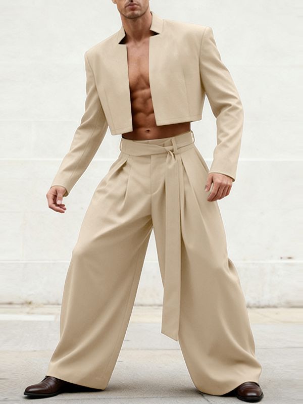 Men's Solid Color Star Collar Cropped Two Pieces Outfit SKUL45355