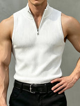 Men's Clean Fit Urban Casual Quarter Zip Vertical Rib Texture Sleeveless Mock Neck Tank SKUL81842