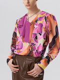 Mens Allover Print V-Neck Ruffle Trim Shirt SKUK02635