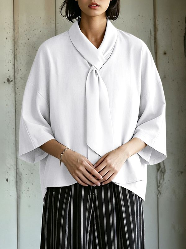 Men's Avant-Garde Integrated Tie-Neck Kimono-Sleeve Shirt SKUL64170