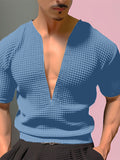 Mens Solid Texture V-Neck Short Sleeve T-Shirt SKUK52046