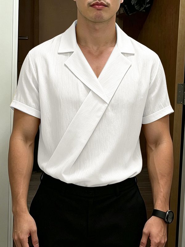 Men's Avant-Garde Draped Wrap Front Cuban Collar Shirt SKUL63693